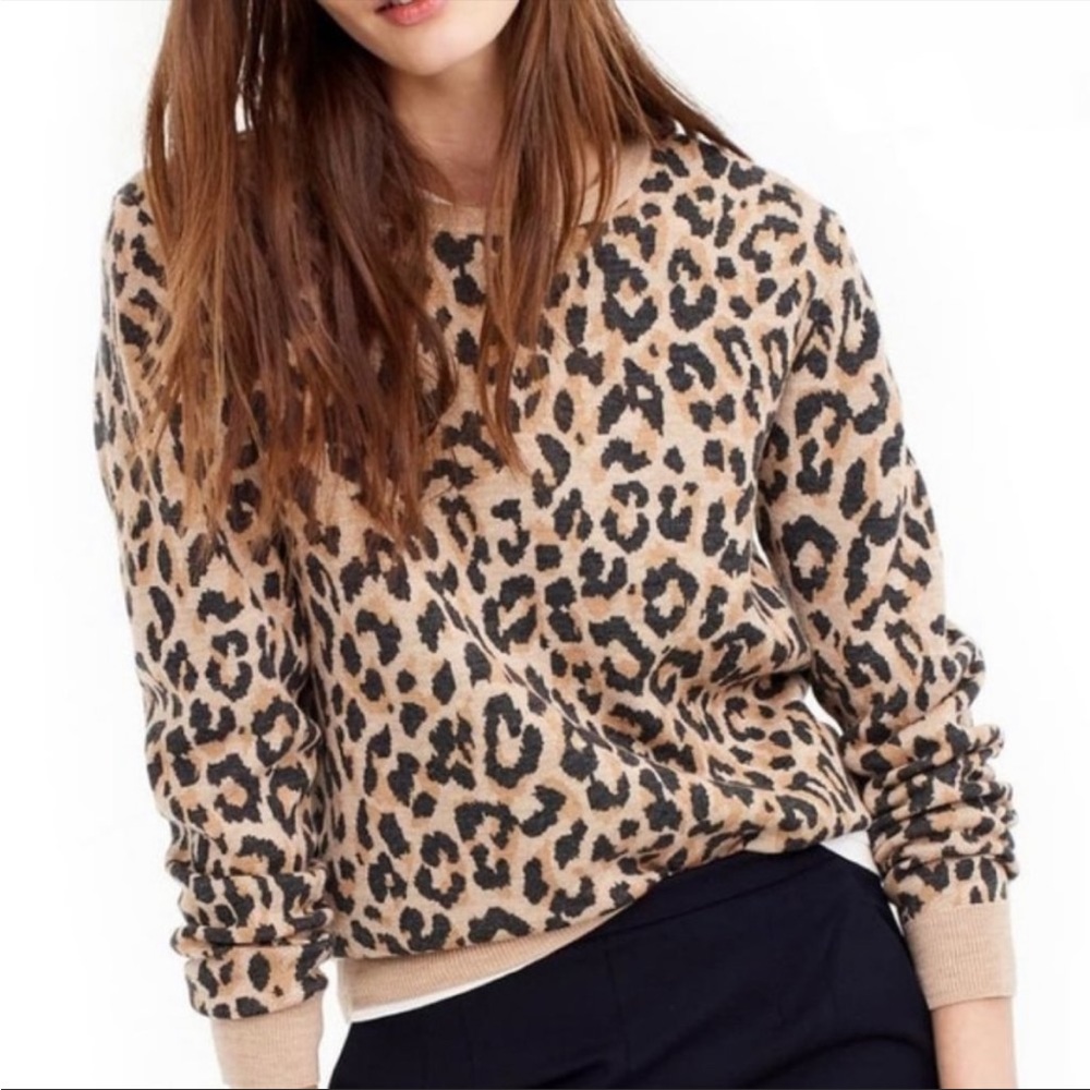 J. CREW TAN BLACK CHEETAH MERINO WOOL SWEATER L